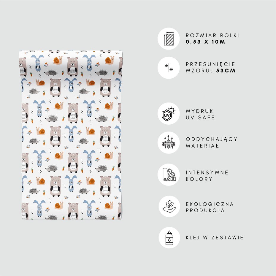 Tapeta - dziecięca, miś, królik, jeż