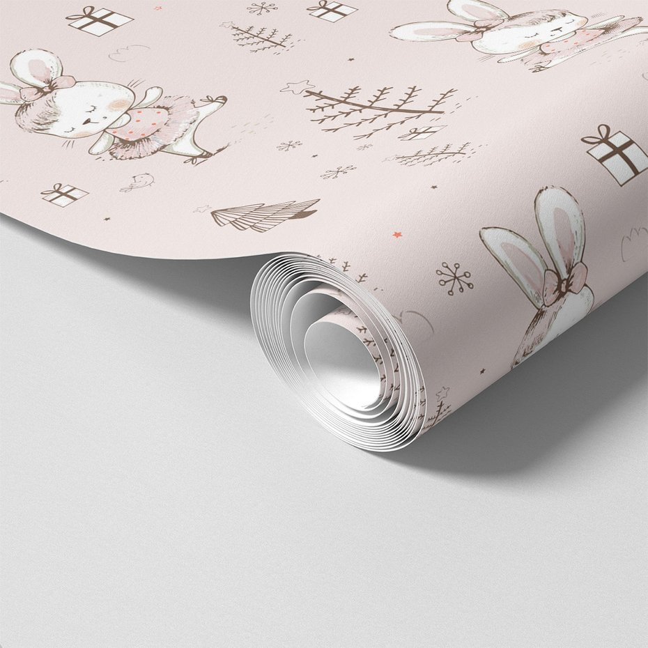 Tapeta - dziecięca, królik, choinki, prezenty