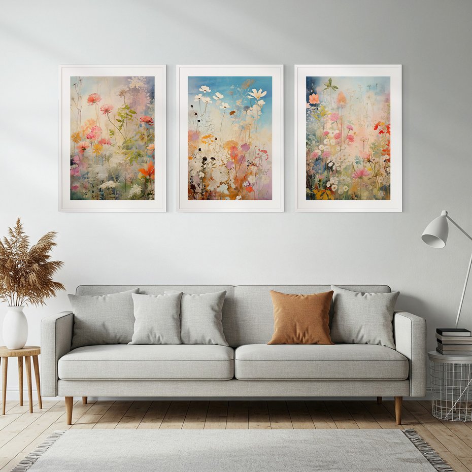 Zestaw obrazy w ramie, plakaty - kwiaty, rośliny, delikatne - rama biała