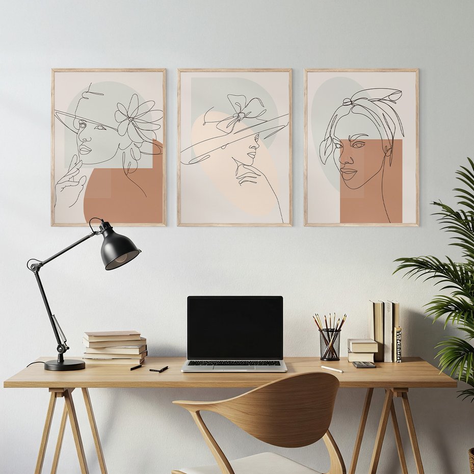 Zestaw obrazy w ramie, plakaty - kobieta, kapelusz, portret - rama drewno