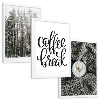 Zestaw obrazy w ramie, plakaty - zima, las, napój - rama biała