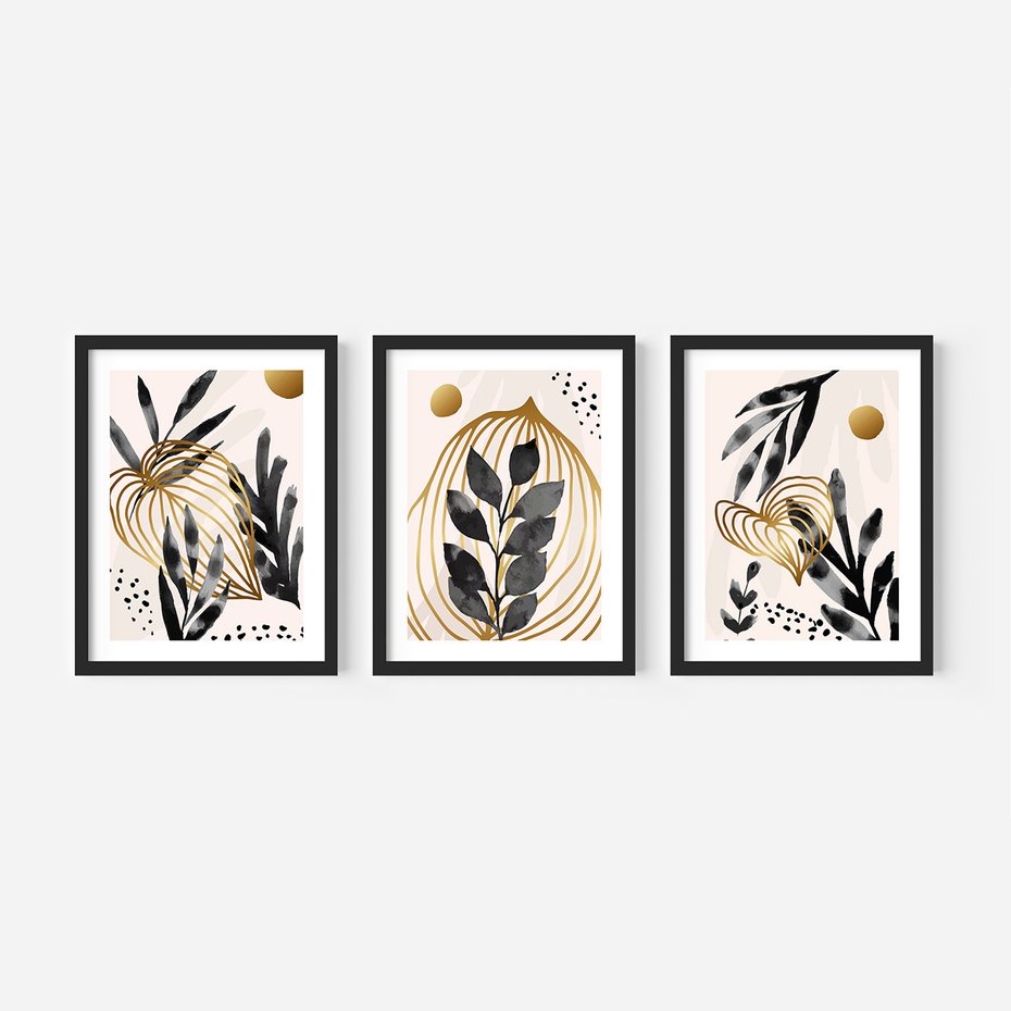 Zestaw obrazy w ramie, plakaty - liście, złoto, abstrakcja - rama czarna