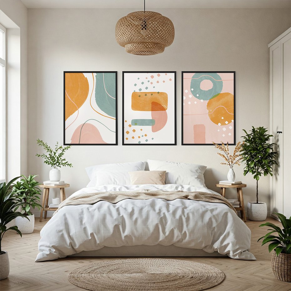 Zestaw obrazy w ramie, plakaty - abstrakcja, pastelowe, kształty - rama czarna