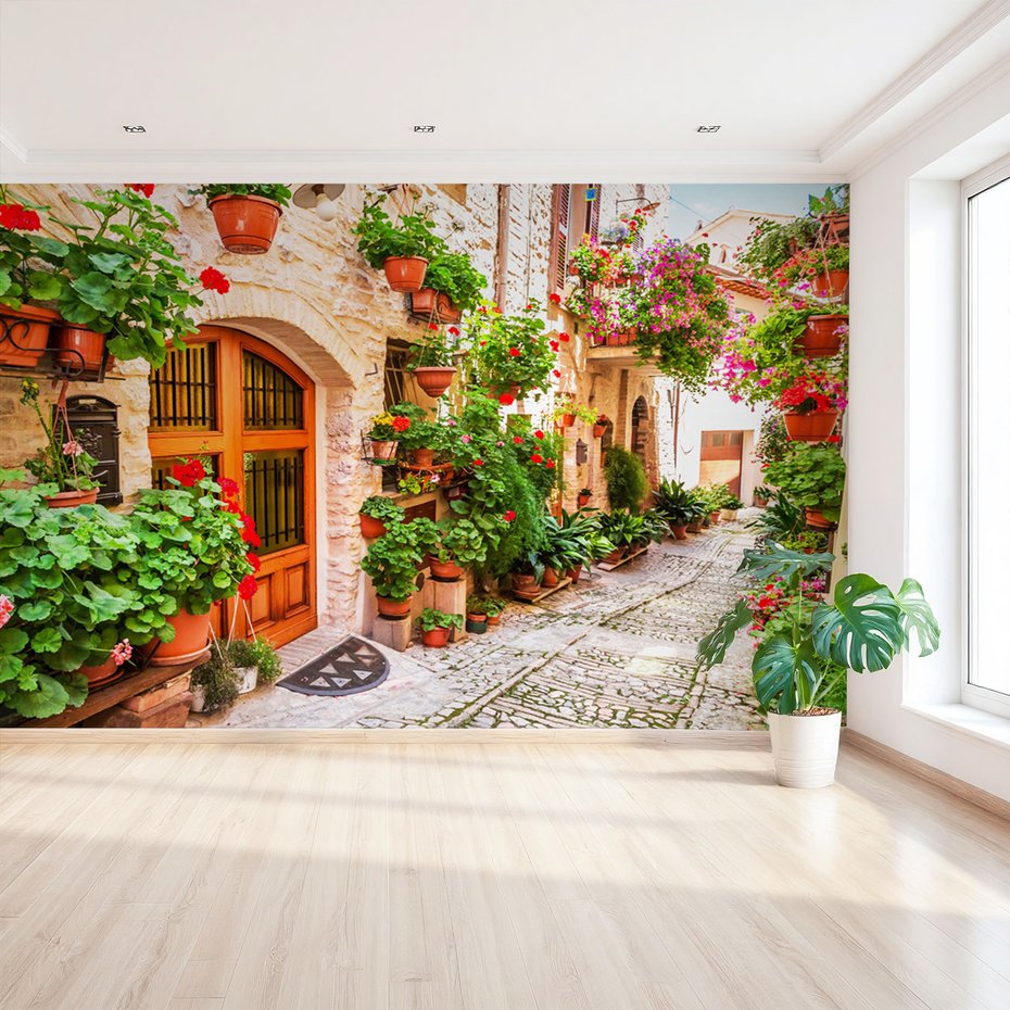 Fototapeta - uliczka, kwiaty, doniczki