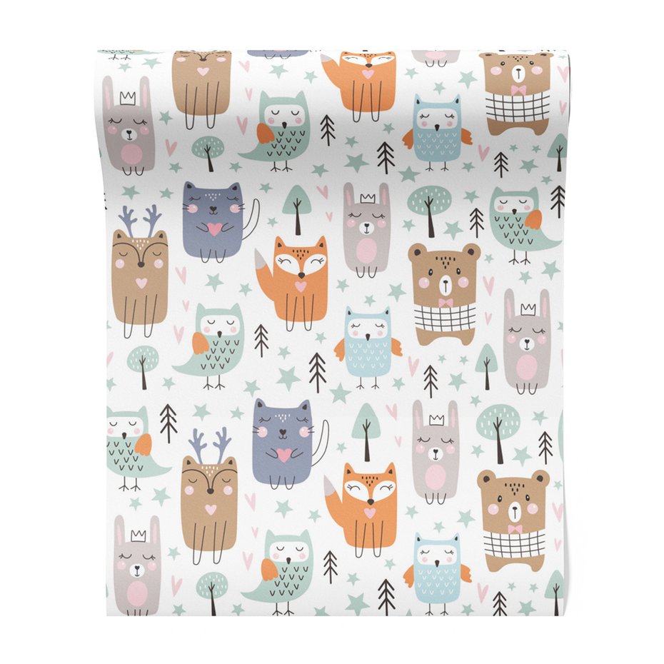 Tapeta - dziecięca, zwierzęta, drzewa, gwiazdy