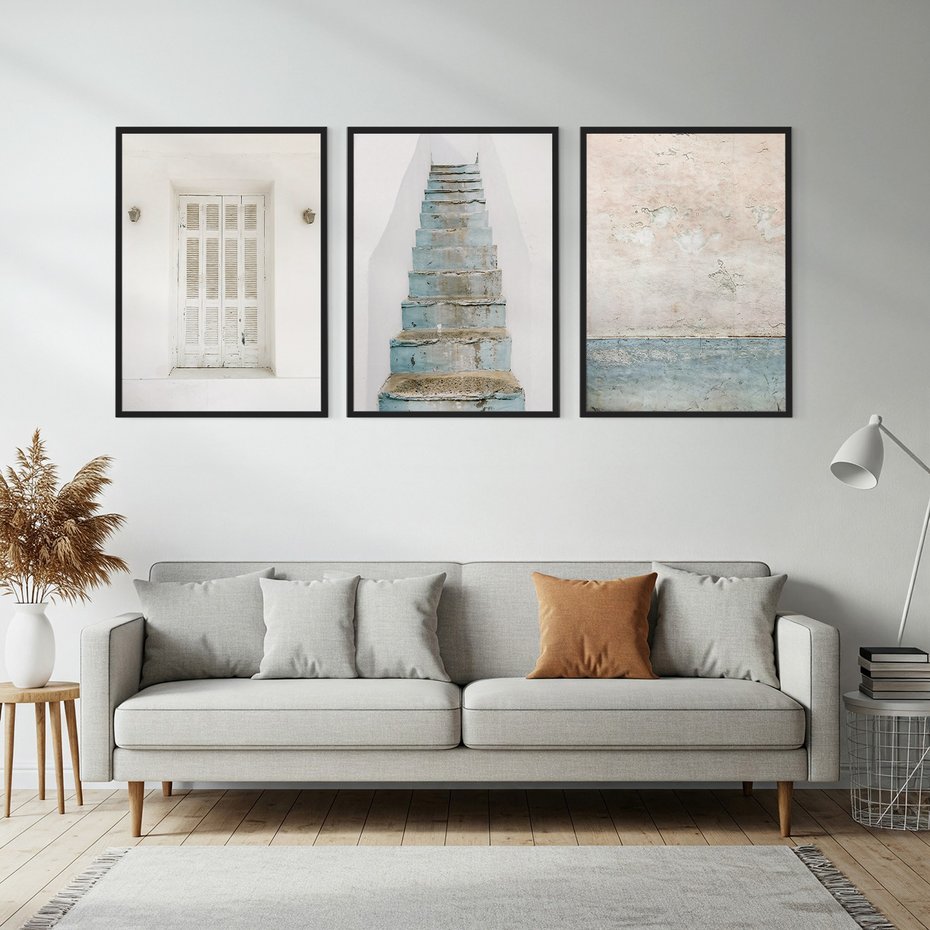 Zestaw obrazy w ramie, plakaty - ściana, schody, drzwi - rama czarna