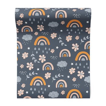 Tapeta - dziecięca, chmura, tęcza, kwiaty