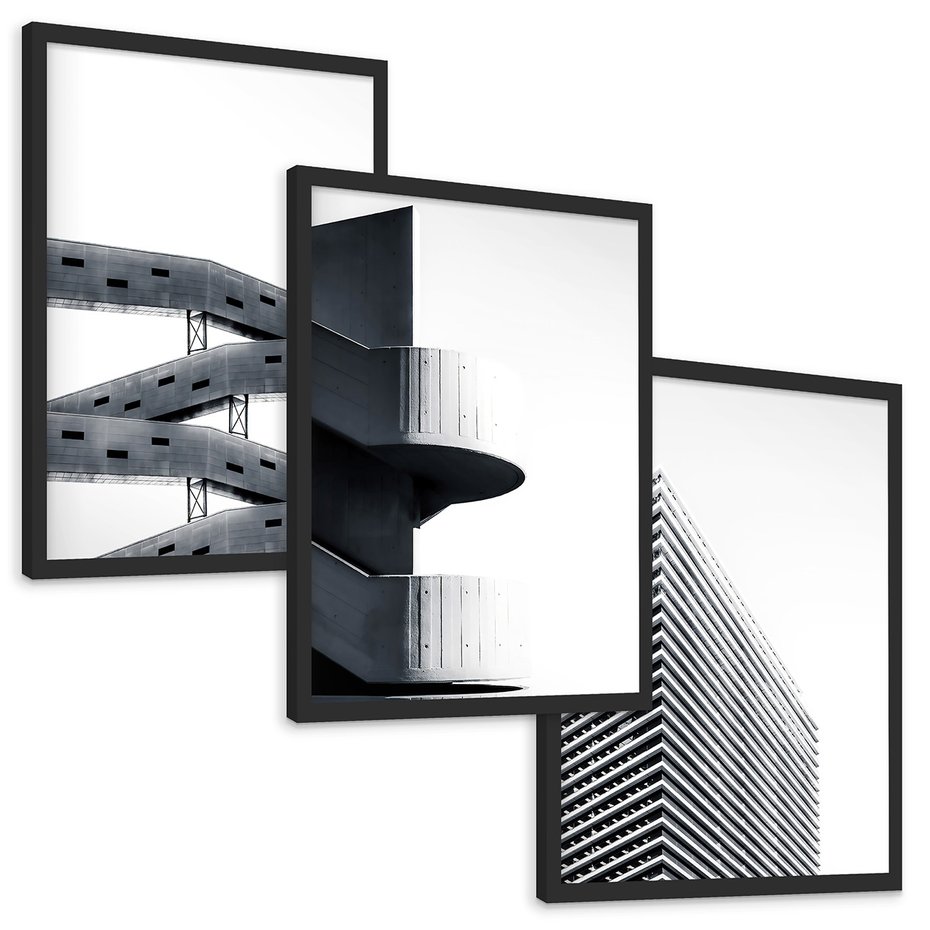 Zestaw obrazy w ramie, plakaty - architektura, budynki, minimalizm - rama czarna
