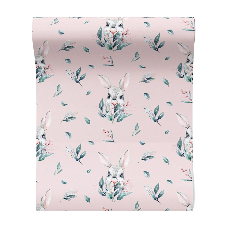 Tapeta - królik, liście, kwiaty