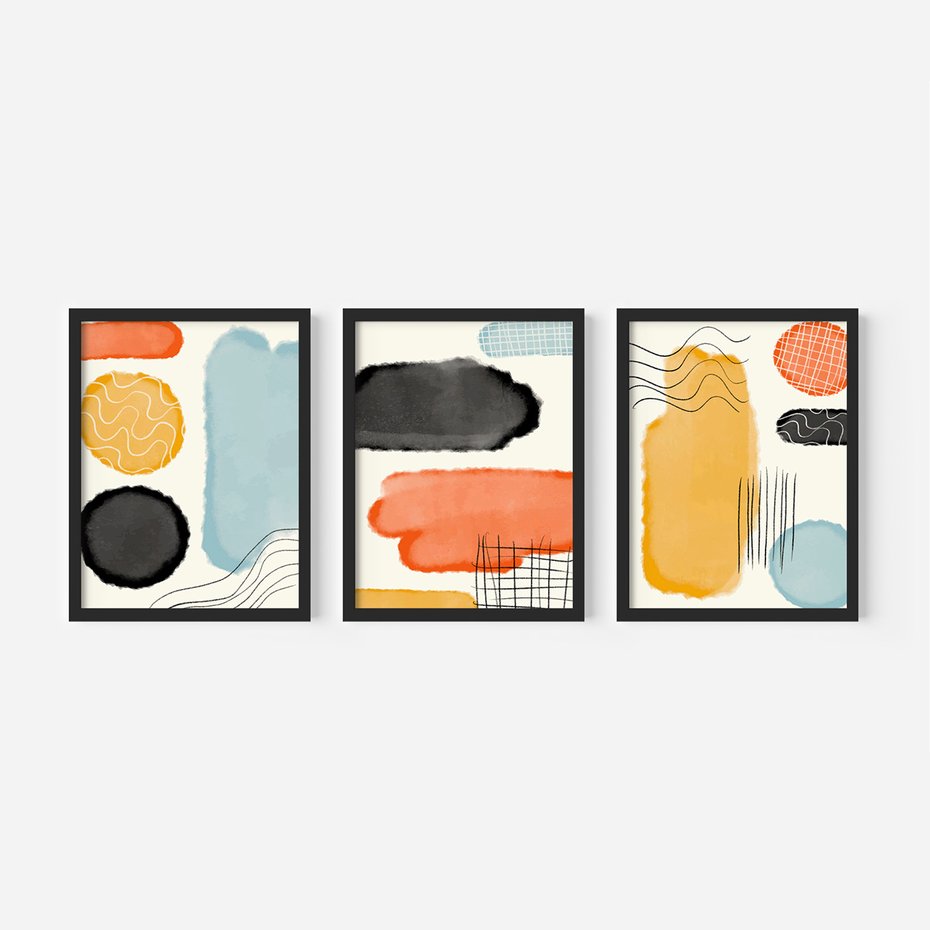 Zestaw obrazy w ramie, plakaty - abstrakcja, pastelowe, geometryczne - rama czarna