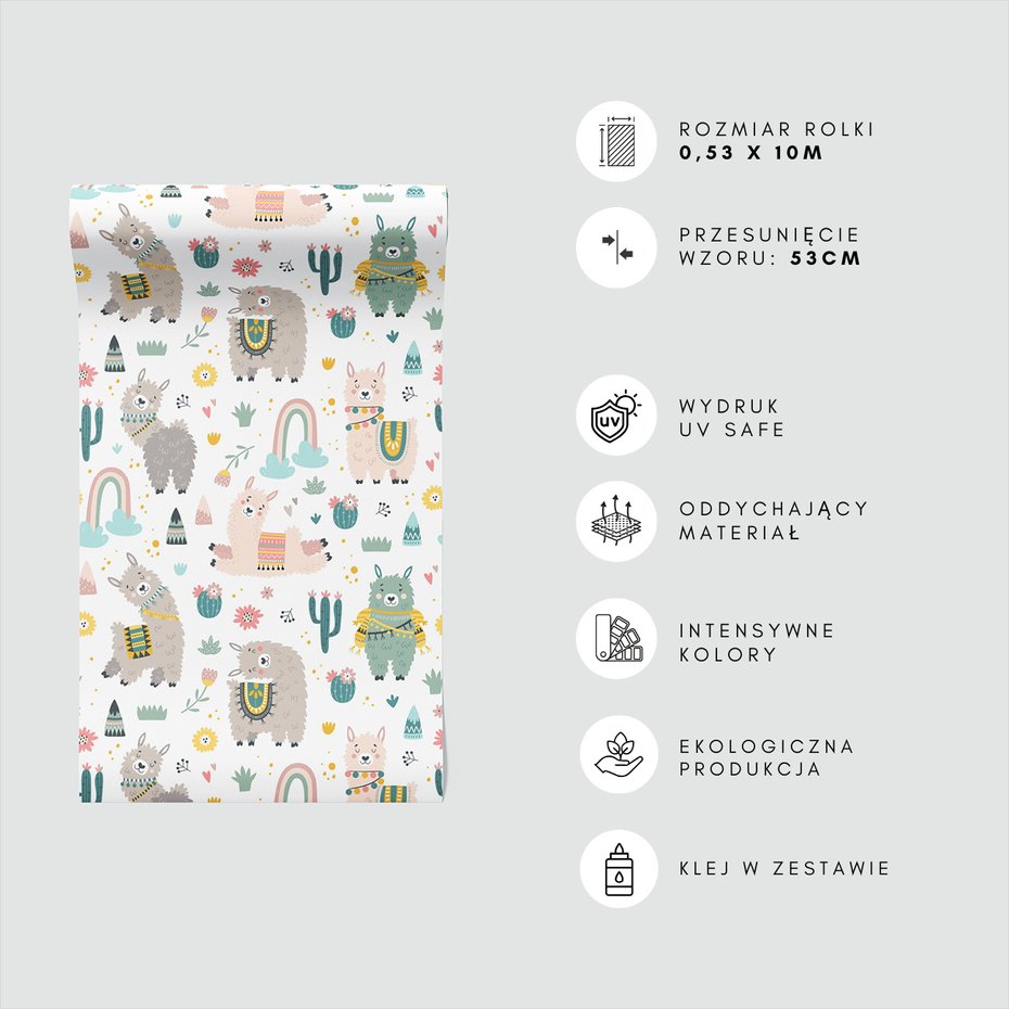 Tapeta - dziecięca, lama, kaktus, tęcza