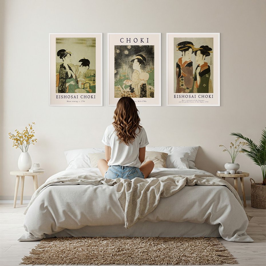 Zestaw obrazy w ramie, plakaty - japonizm, kobiety, portret - rama biała