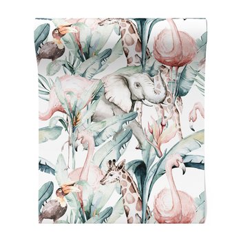 Tapeta - żyrafa, słoń, flaming,