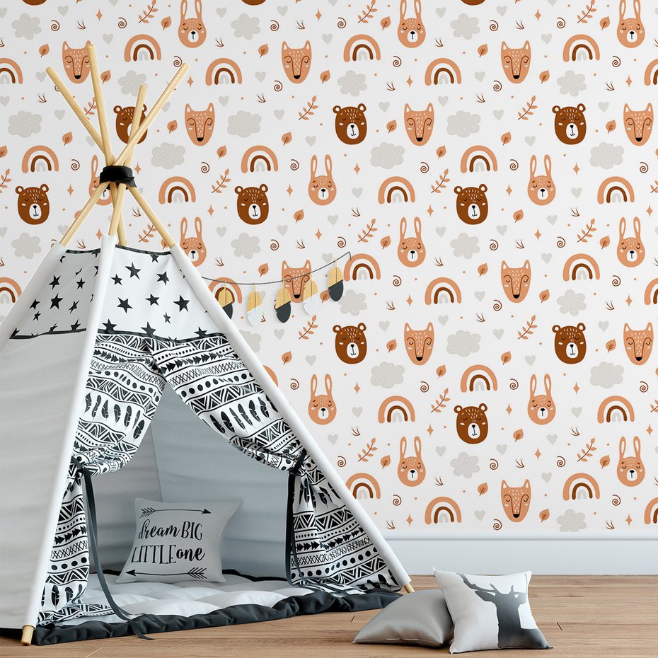 Tapeta - dziecięca, zwierzęta, chmury, liście