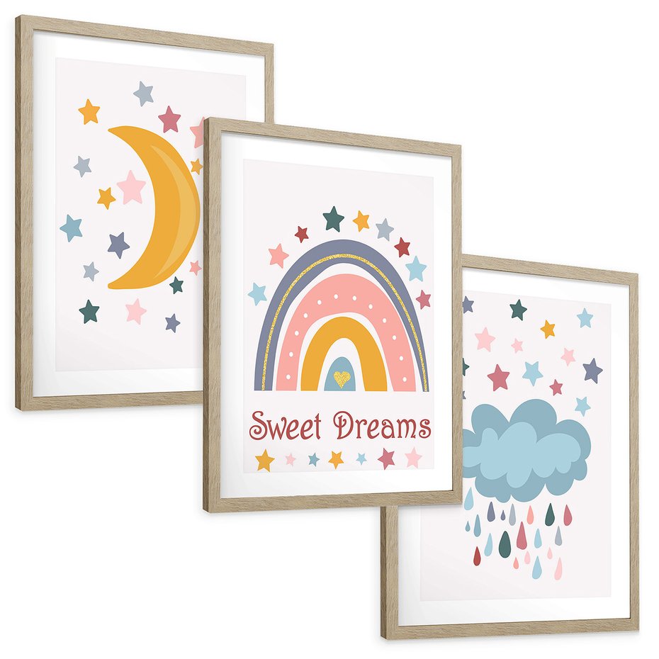 Zestaw obrazy w ramie, plakaty - gwiazdy, księżyc, tęcza - rama drewno