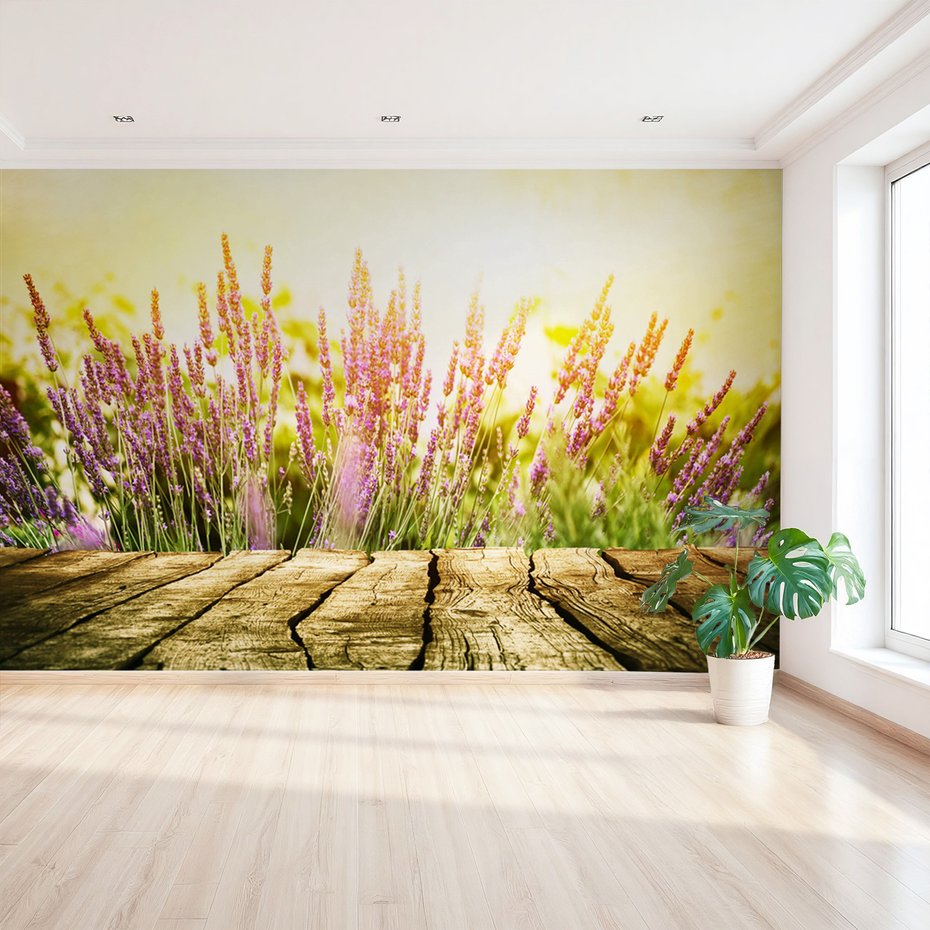 Fototapeta - lawenda, kwiaty, drewno