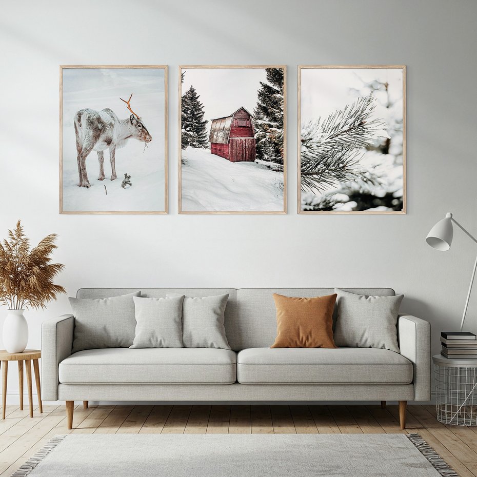 Zestaw obrazy w ramie, plakaty - renifer, śnieg, zima - rama drewno