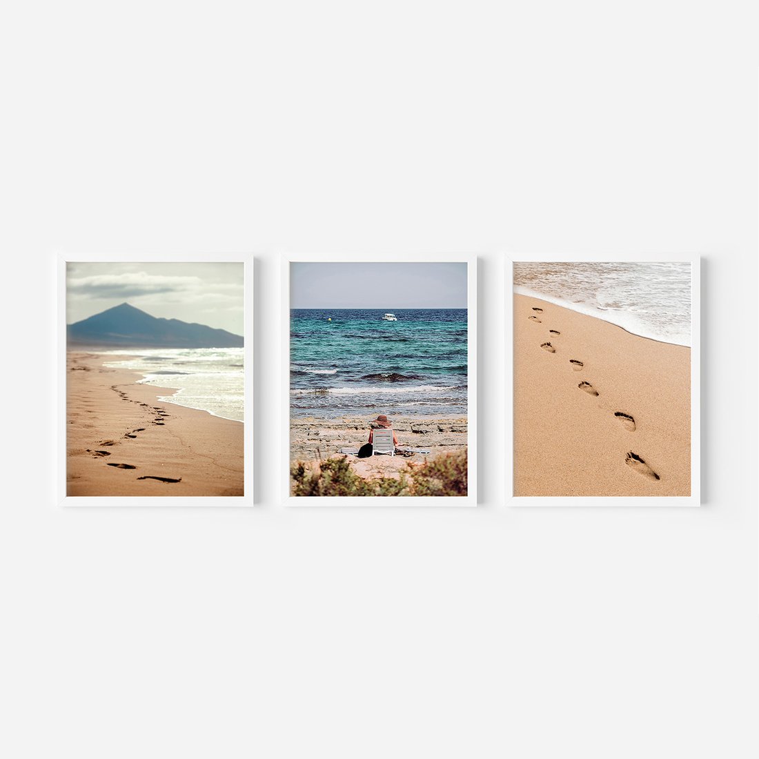 Zestaw obrazy w ramie, plakaty - plaża, morze, piasek - rama biała