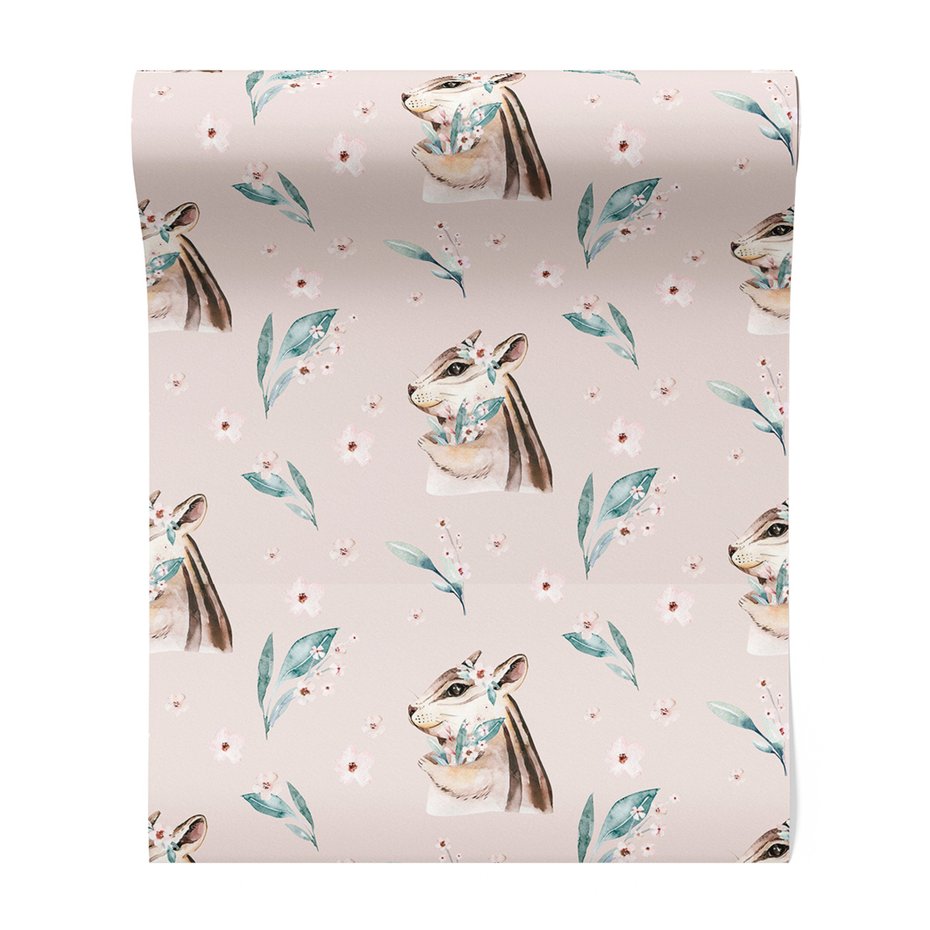 Tapeta - wiewiórka, kwiaty, liście