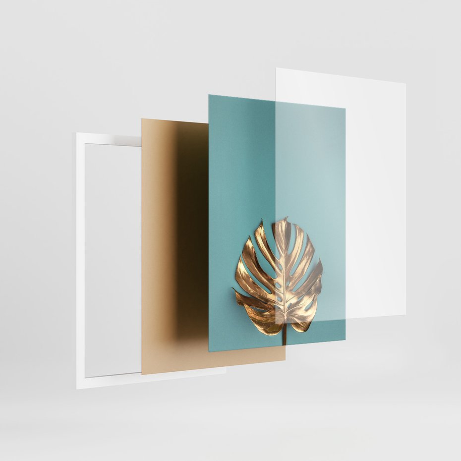 Zestaw obrazy w ramie, plakaty - liście, złoty, monstera - rama biała