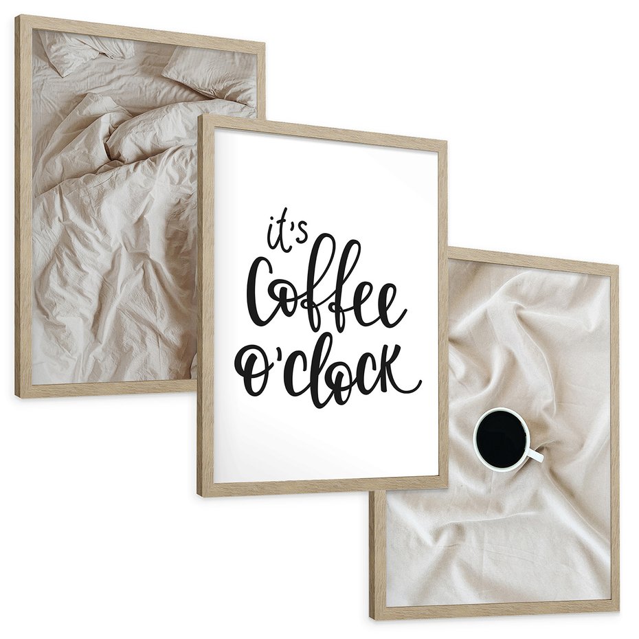 Zestaw obrazy w ramie, plakaty - pościel, kawa, relaks - rama drewno