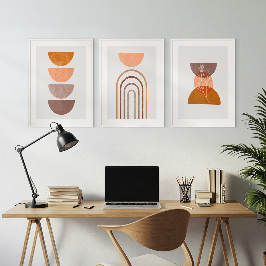 Zestaw obrazy w ramie, plakaty - abstrakcja, boho, minimalizm - rama biała