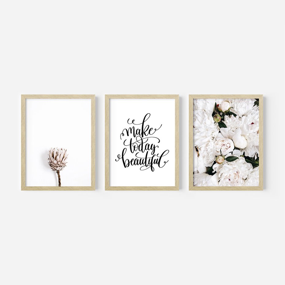 Zestaw obrazy w ramie, plakaty - kwiaty, napisy, protea - rama drewno