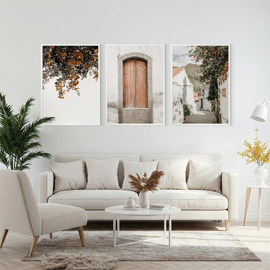 Zestaw obrazy w ramie, plakaty - drzwi, kwiaty, budynki - rama biała
