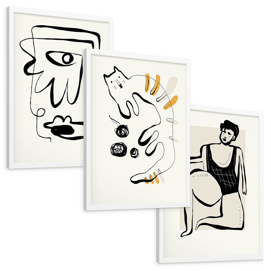 Zestaw obrazy w ramie, plakaty - abstrakcja, rysunek, minimalizm - rama biała
