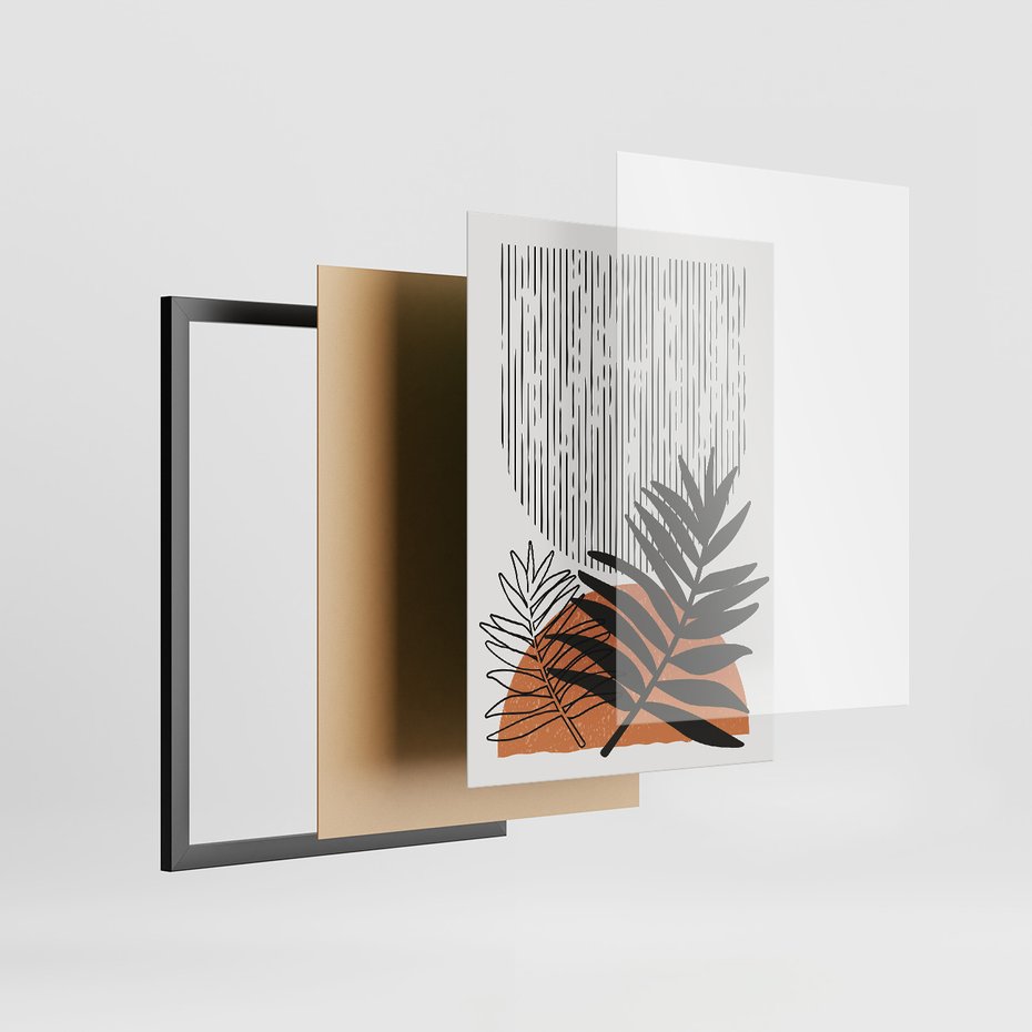Zestaw obrazy w ramie, plakaty - abstrakcja, liście, minimalizm - rama czarna