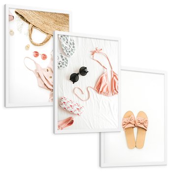 Zestaw obrazy w ramie, plakaty - moda, lato, akcesoria - rama biała