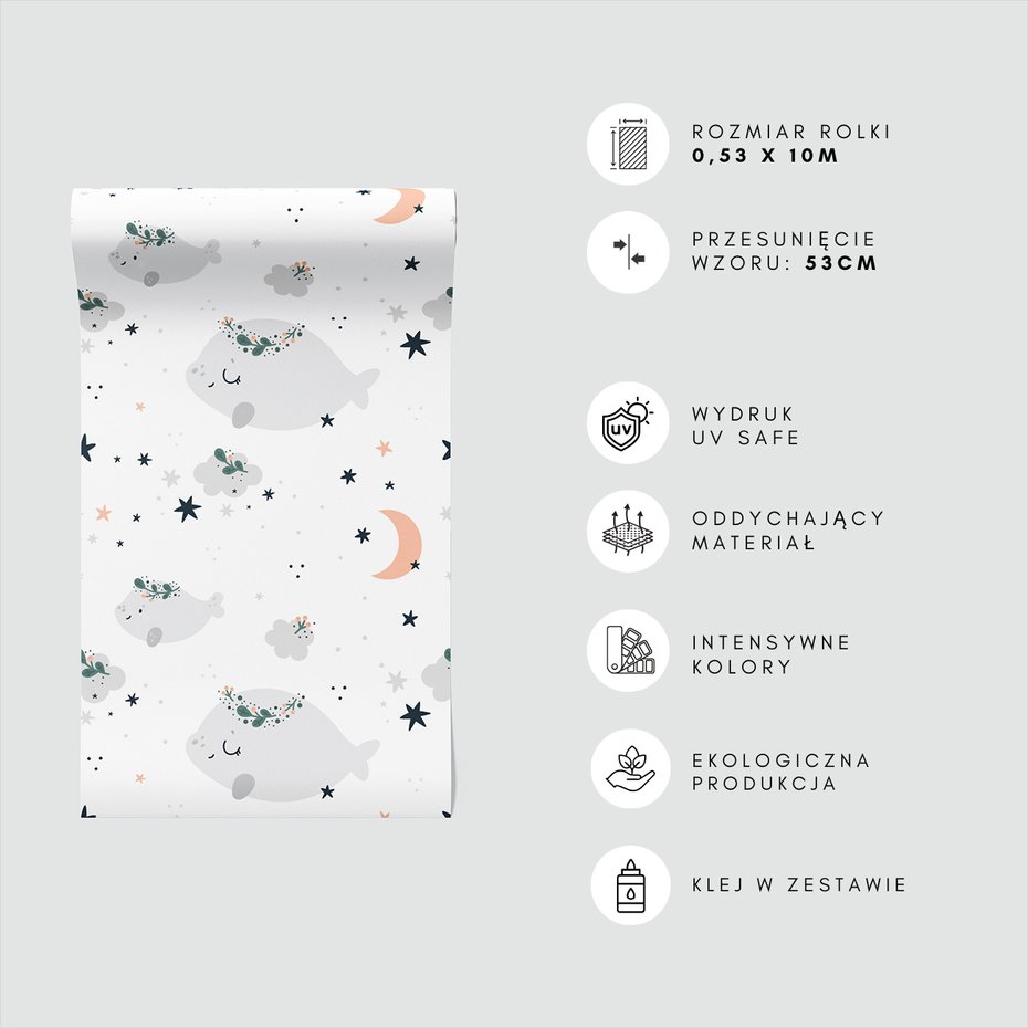 Tapeta - dziecięca, wieloryby, gwiazdy, księżyc