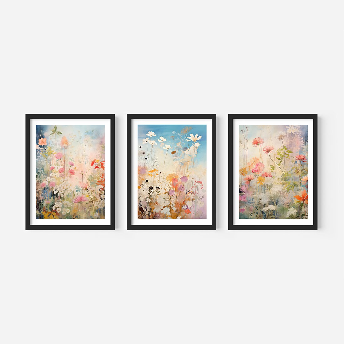 Zestaw obrazy w ramie, plakaty - kwiaty, rośliny, delikatne - rama czarna