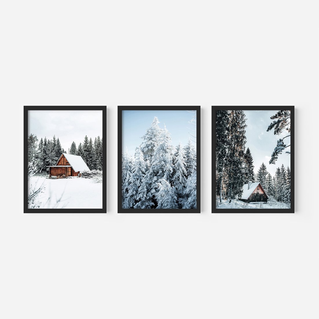 Zestaw obrazy w ramie, plakaty - zima, śnieg, drzewa - rama czarna