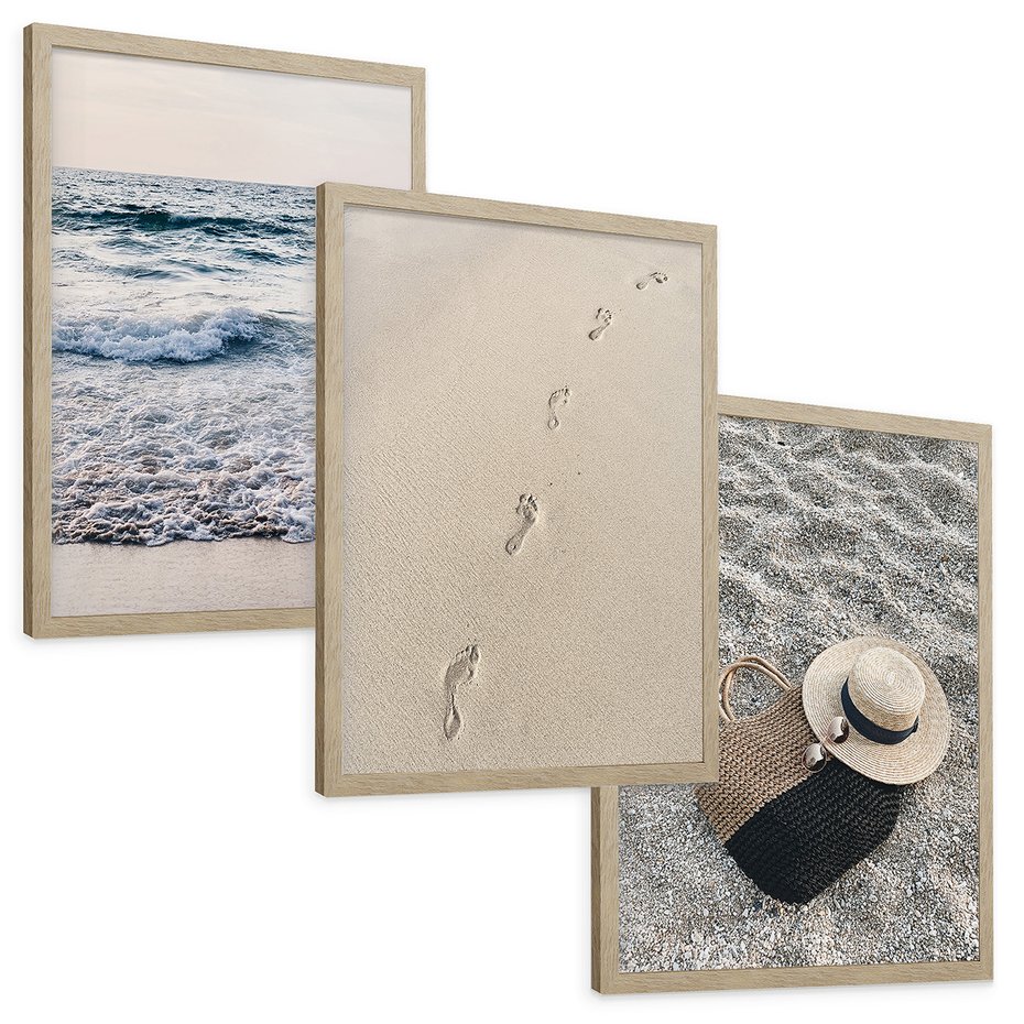 Zestaw obrazy w ramie, plakaty - plaża, morze, piasek - rama drewno