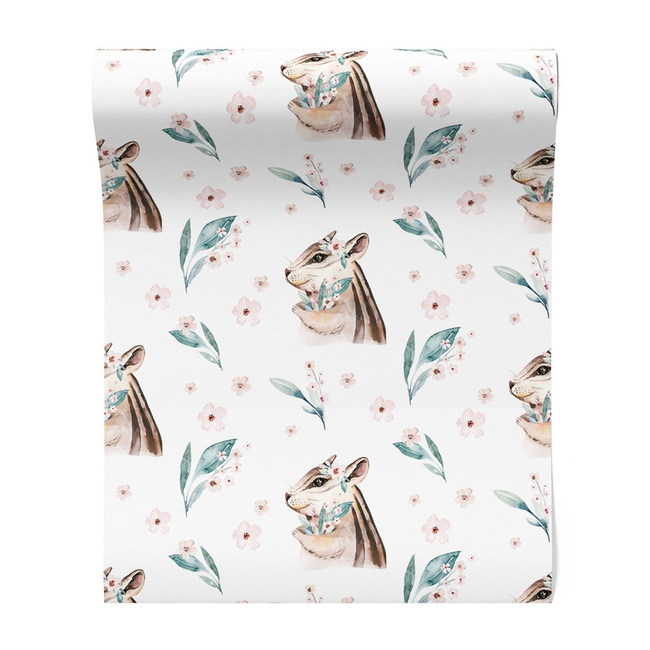 Tapeta - wiewiórka, kwiaty, liście