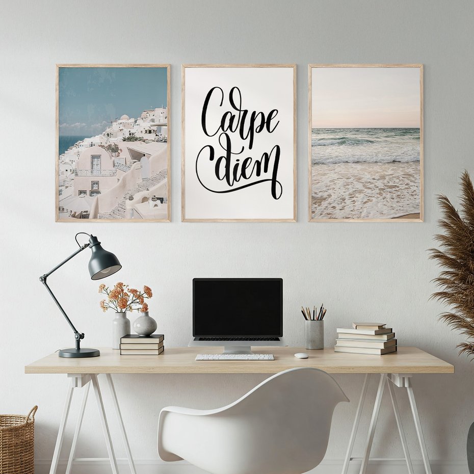 Zestaw obrazy w ramie, plakaty - architektura, morze, plaża - rama drewno