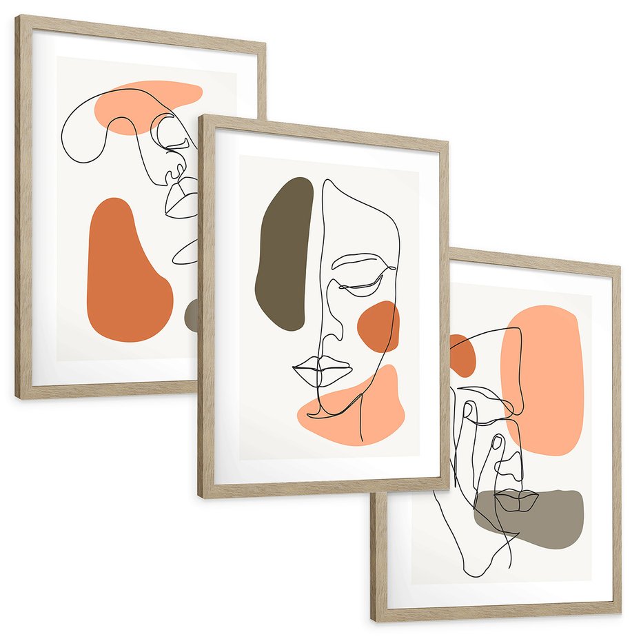 Zestaw obrazy w ramie, plakaty - abstrakcja, twarz, minimalizm - rama drewno