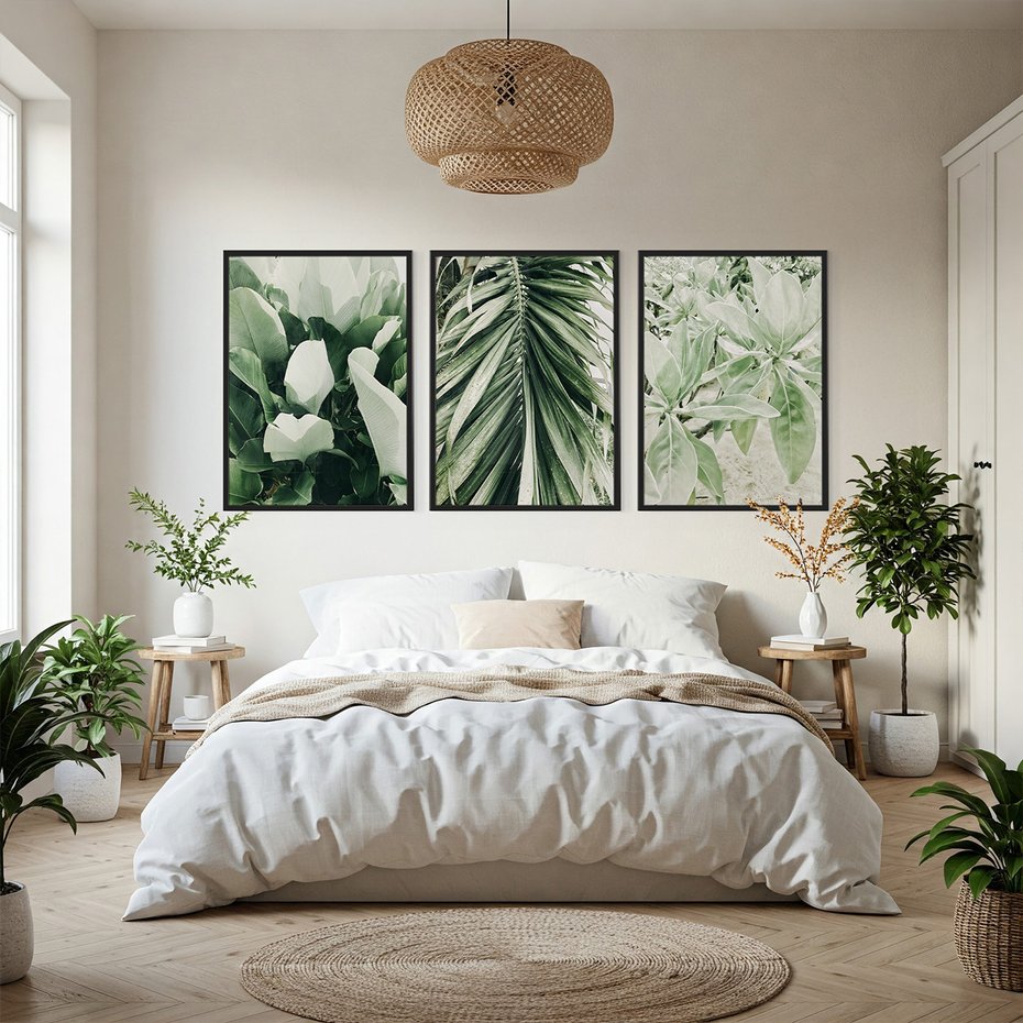 Zestaw obrazy w ramie, plakaty - liście, tropikalne, roślina - rama czarna