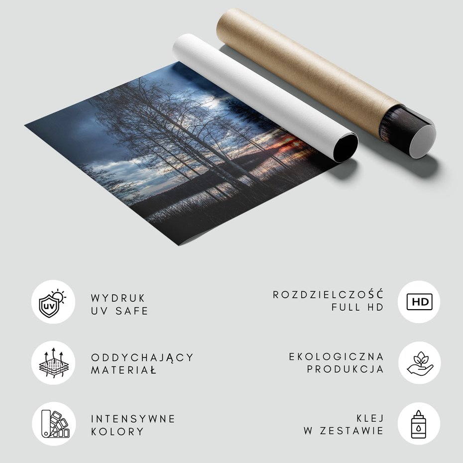 Fototapeta - jezioro, drzewa, zachód słońca