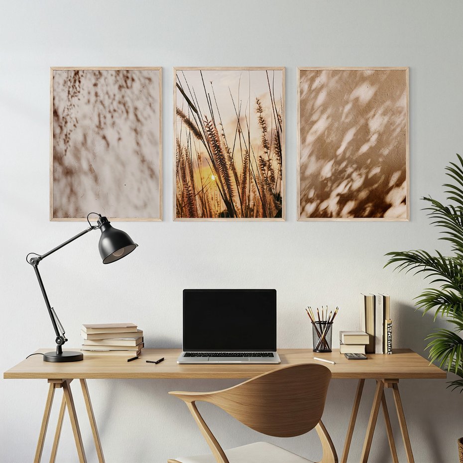 Zestaw obrazy w ramie, plakaty - cienie, trawa, abstrakcja - rama drewno