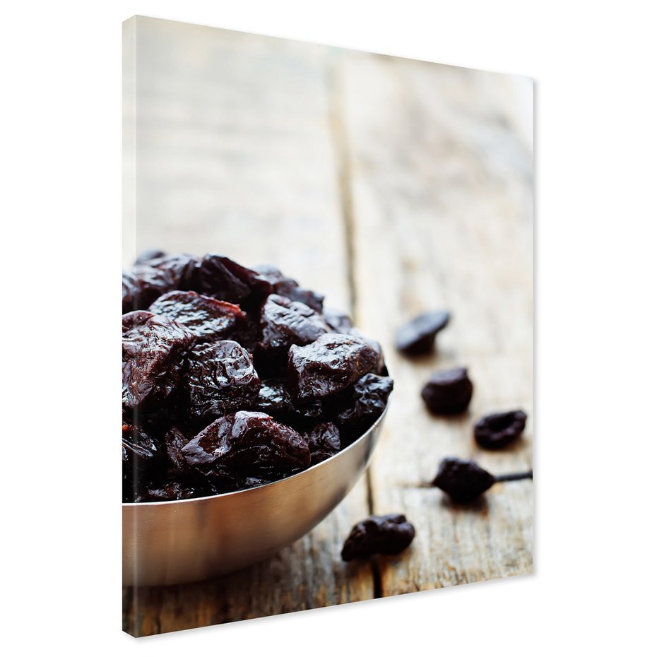 Obraz na płótnie - śliwki suszone, miska, drewno