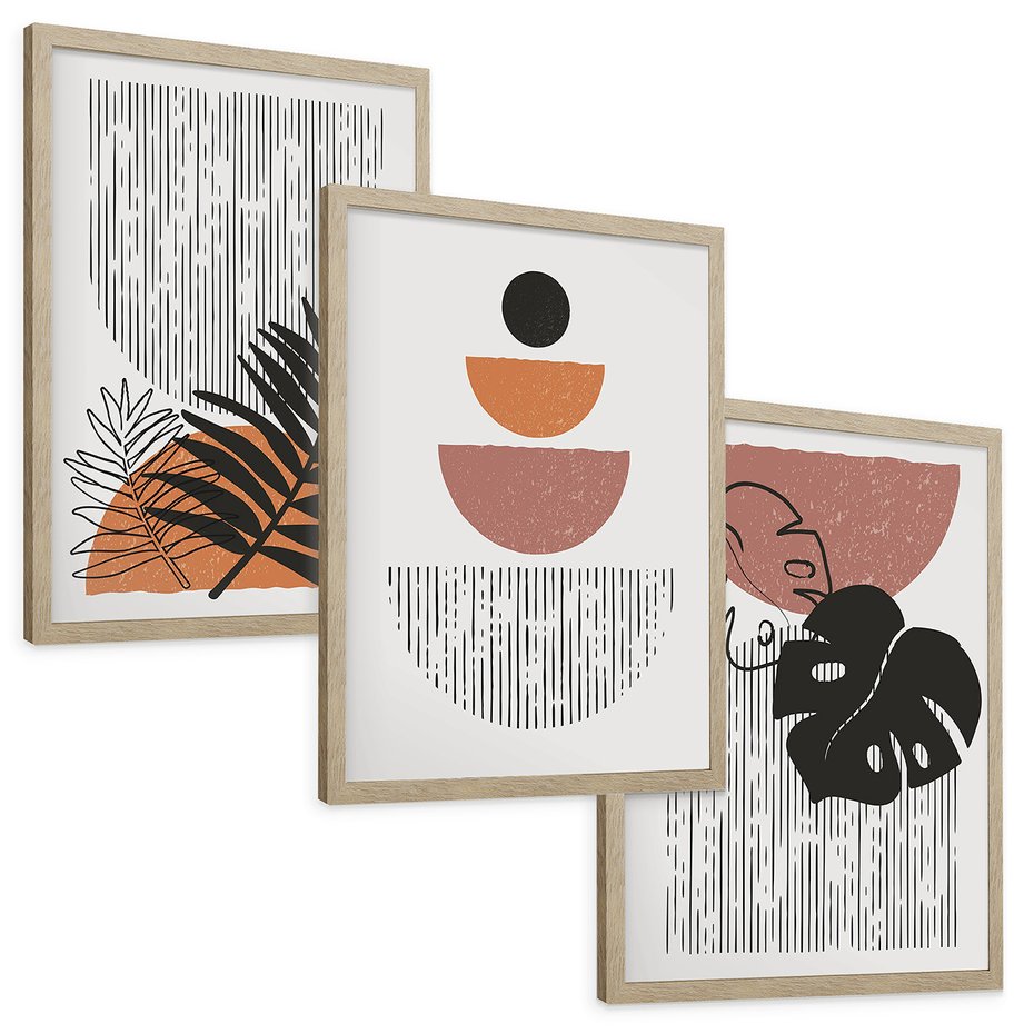 Zestaw obrazy w ramie, plakaty - abstrakcja, liście, minimalizm - rama drewno