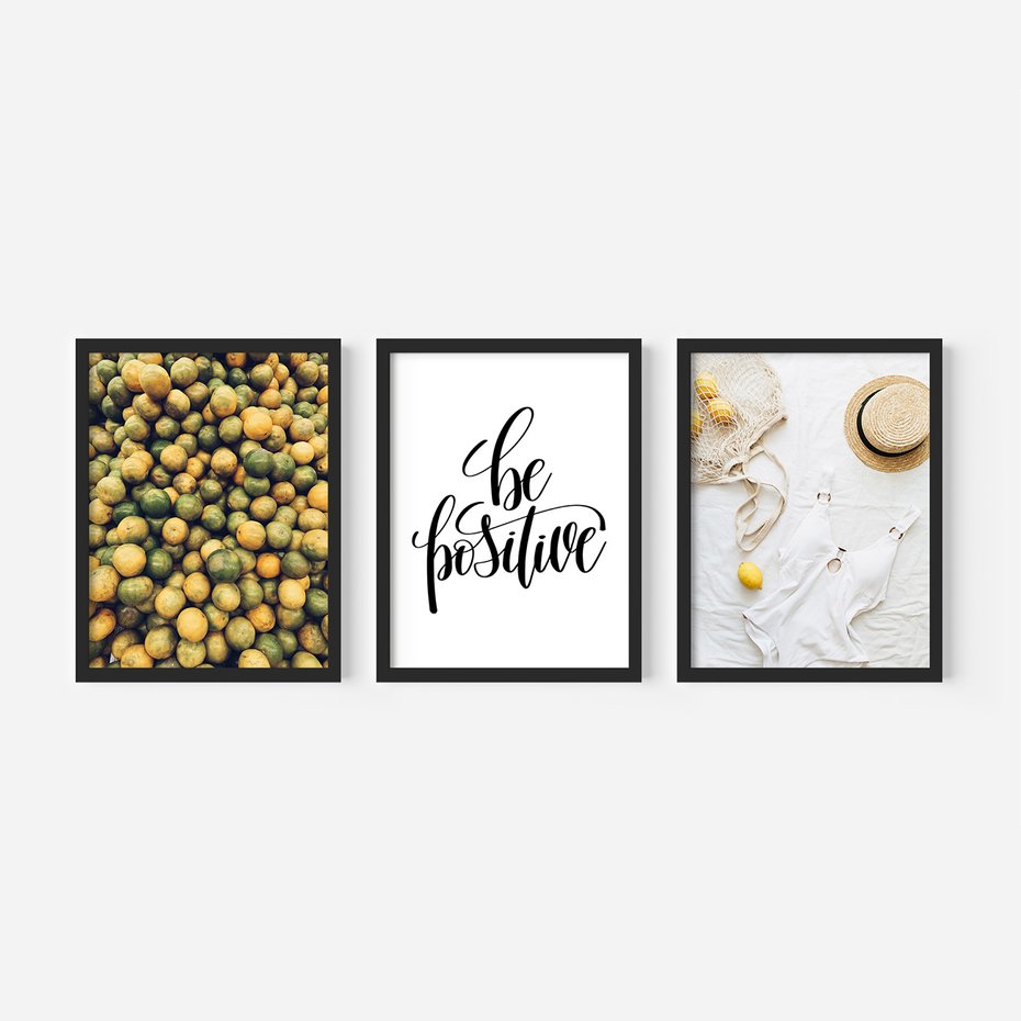 Zestaw obrazy w ramie, plakaty - owoce, cytryny, pozytywne - rama czarna