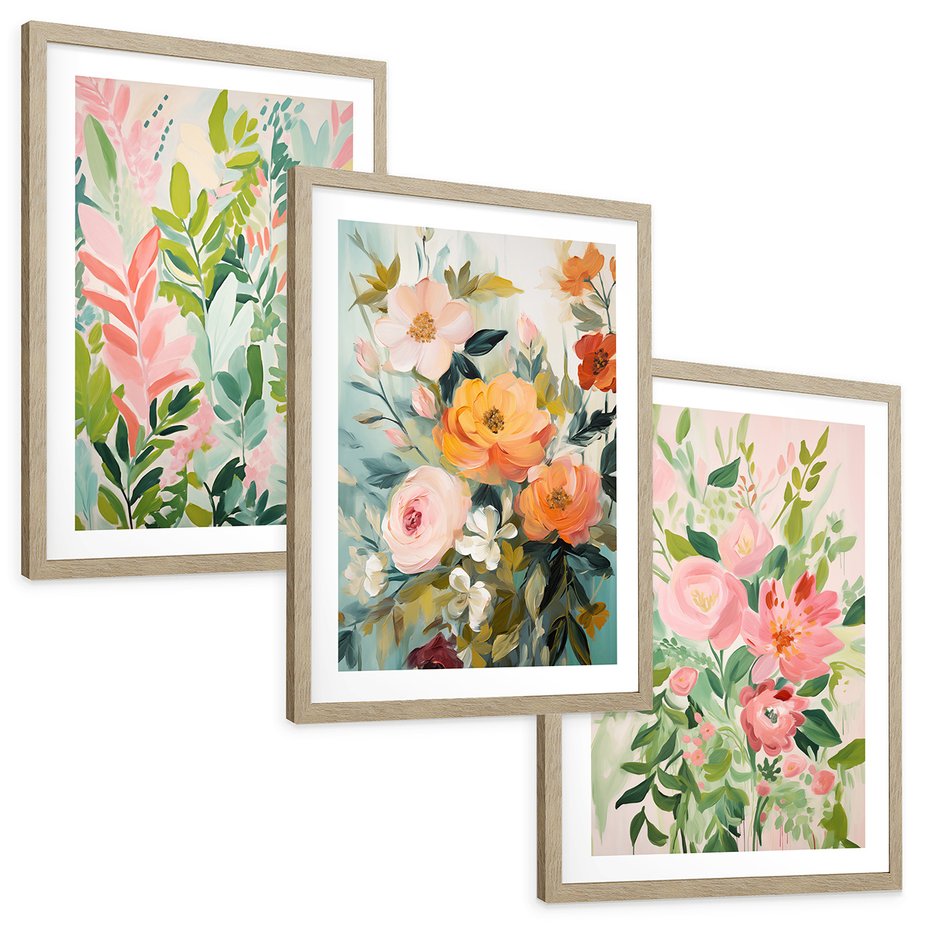 Zestaw obrazy w ramie, plakaty - kwiaty, liście, rośliny - rama drewno