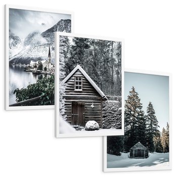 Zestaw obrazy w ramie, plakaty - zima, śnieg, krajobraz - rama biała