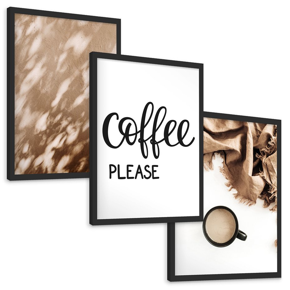 Zestaw obrazy w ramie, plakaty - kawa, napój, tekst - rama czarna