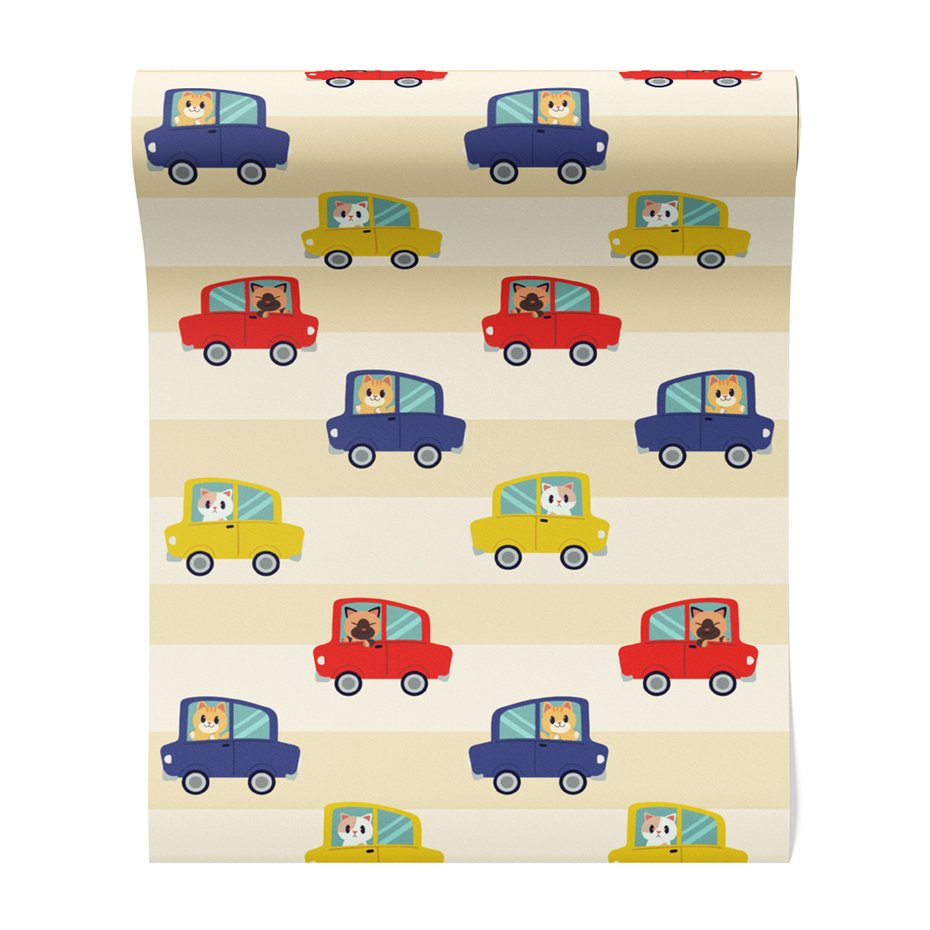 Tapeta - dziecięca, samochody, koty, tło