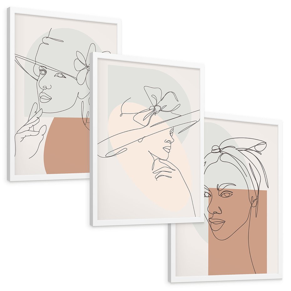 Zestaw obrazy w ramie, plakaty - kobieta, kapelusz, portret - rama biała