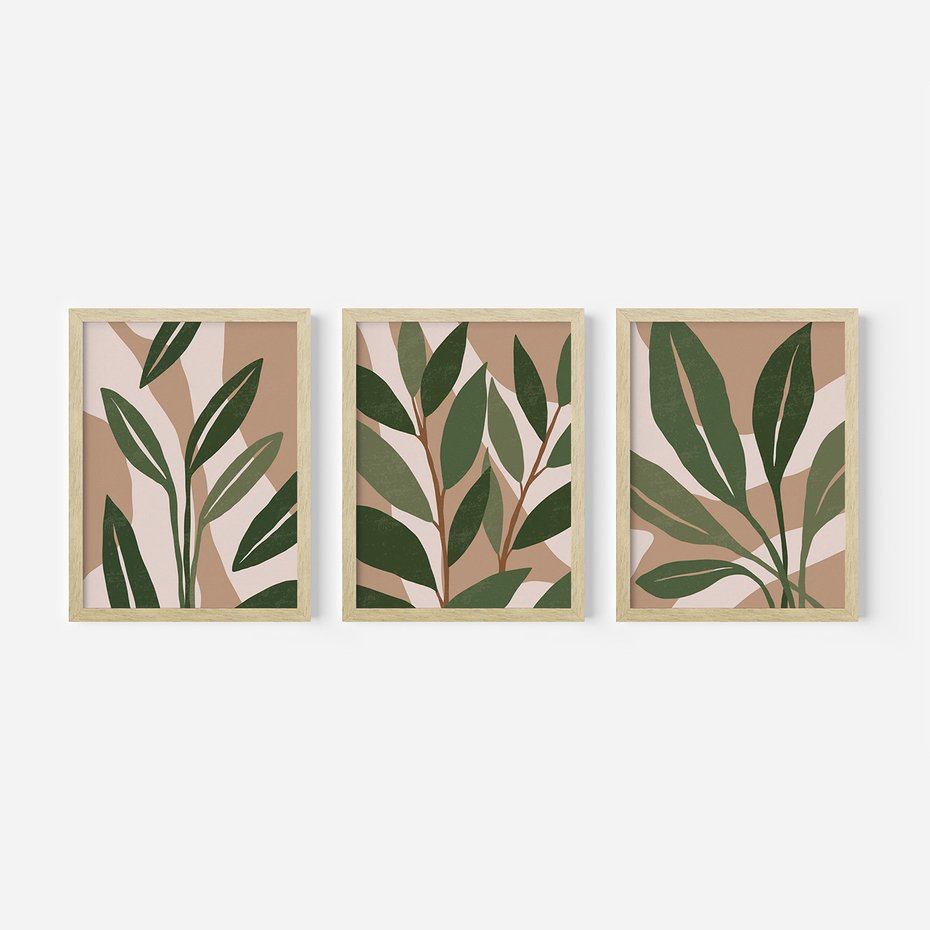Zestaw obrazy w ramie, plakaty - liście, rośliny, abstrakcja - rama drewno